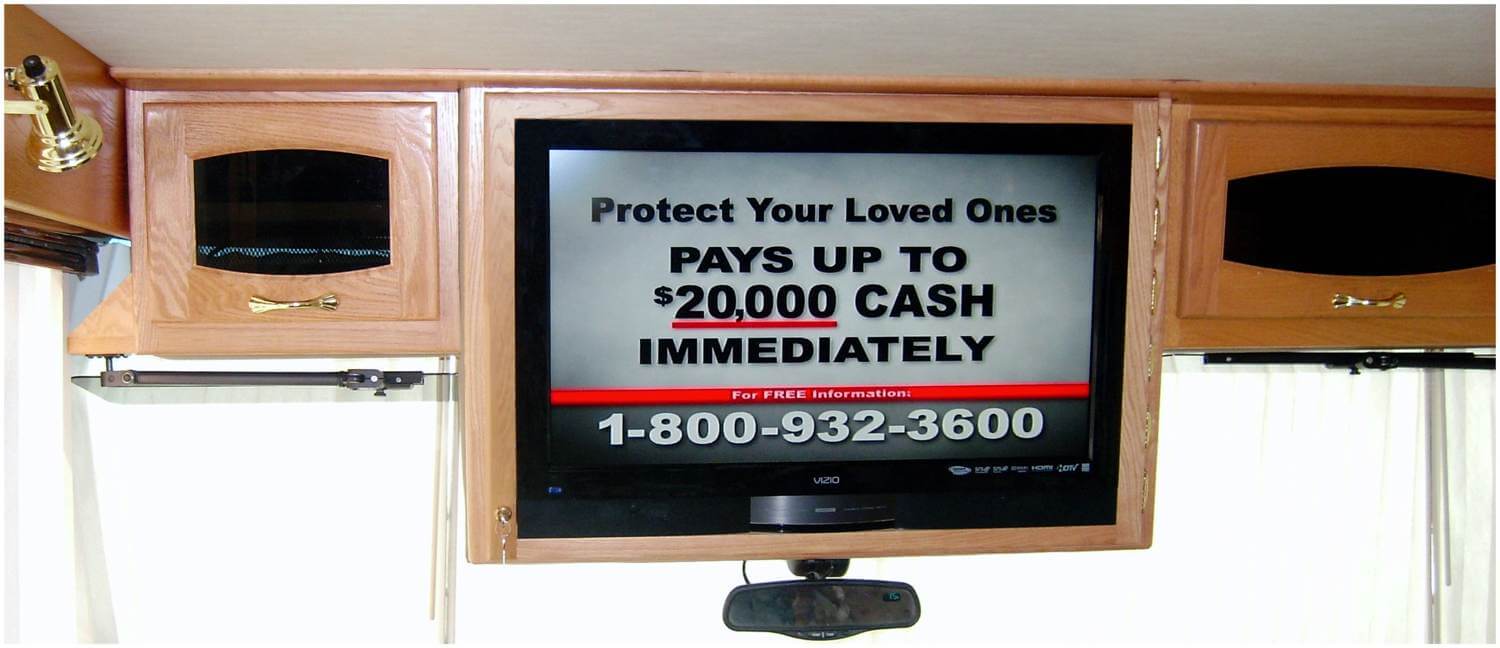 Swinging TV door cabinet with image on TV screen